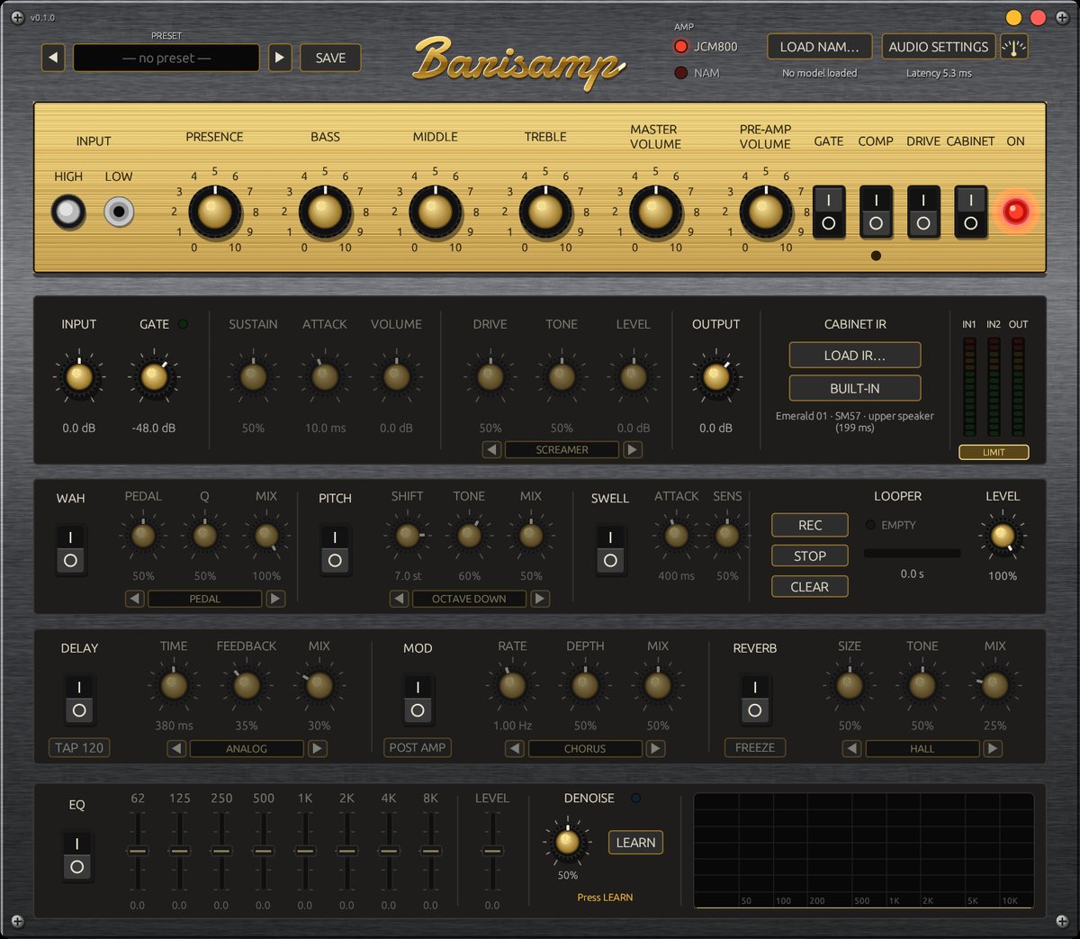 The Barisamp window: a gold Marshall-style control panel above rows of pedals, effects, EQ and a spectrum analyzer